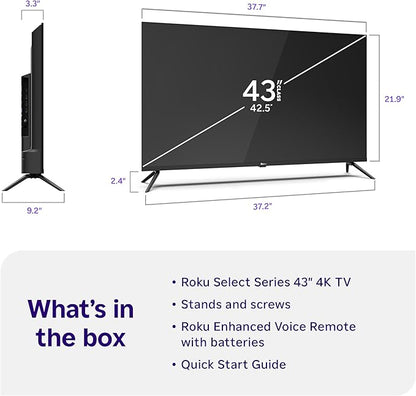 Roku Smart TV – 43-Inch Select Series, 4K HDR TV – Roku TV with Roku Remote – Flat Screen LED Television with Wi-Fi for Streaming Live Local News, Sports, Family Entertainment