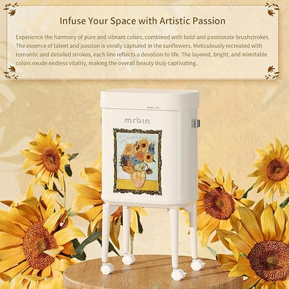 MRBIN Metal Motion Sensor Kitchen Trash Can with Wheel Legs, 15L / 4gal Metal Slim Trash Can, Pet Proof Tall Narrow Garbage Pail for Vanity, Bedroom, Bathroom, Living Room, Sunflower