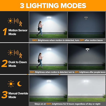 LUTEC 34W 3700 Lumen LED Security Light Motion Sensor Outdoor Lights with Night Light, 5000K Daylight, IP65 Waterproof, Dusk to Dawn, Hardwired Motion Detector Flood Light for Garage, Yard-White