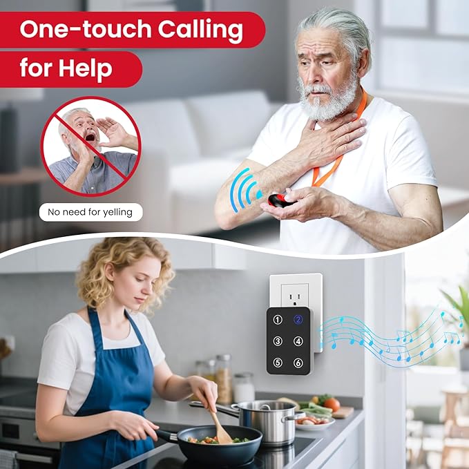 CallToU Wireless Call Button Caregiver Pager Nurse Call System for Elderly /Patients at Home /Hospital with Voice Announcements and LED Number Display (6 Waterproof Call Button & 1 Receiver)