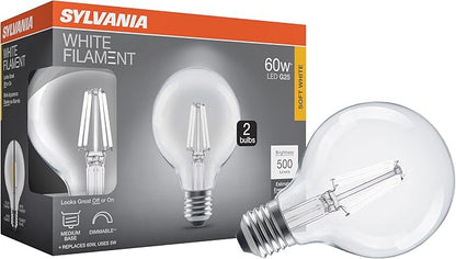 Sylvania G25 Clear Globe LED White Filament Bulb, 5W, Dimmable, 500 LMS, Medium Base, 2700K, Soft White - 2 Pack (42176)