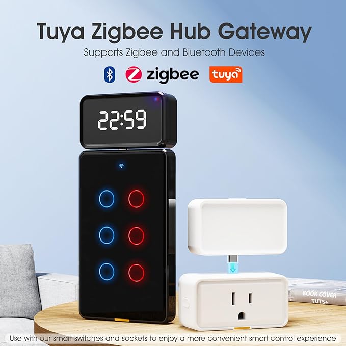 Tuya Zigbee Hub Gateway, Smart Home Bridge Hub with Type-C Port and Time Display, Work with All Tuya ZigBee Smart Products, Compatible with Alexa/Google Assistant, 2.4 GHz, Black