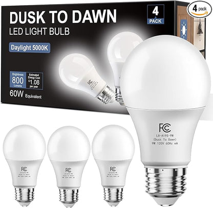 DAYBETTER 4 Pack A19 Dusk to Dawn Light Bulbs Outdoor, Auto On/Off Photocell Sensor LED Light Bulb for Porch & Security Lighting, 60W Equivalent, Energy Efficient 9W, Daylight 5000K, E26 Base