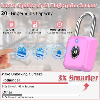 Pothunder Fingerprint Padlock, Locker Lock, Combination Lock, Fingerprint Lock with APP Unlock, USB Rechargeable, Suitable for Gym Locker, Door, Locker