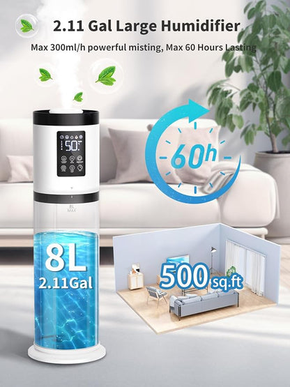 8L Humidifiers for Bedroom, 30dB Quiet, 500ft² Coverage, 60H Runtime