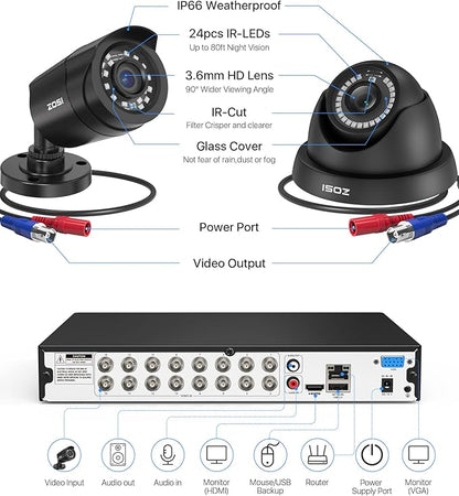 ZOSI 16CH 3K Lite Security Camera System with 2TB HDD,AI Human/Vehicle Detection,Night Vision,Remote Access,H.265+ 16 Channel 5MP Lite HD-TVI DVR with 12PCS 1080P Outdoor Indoor Surveillance Cameras