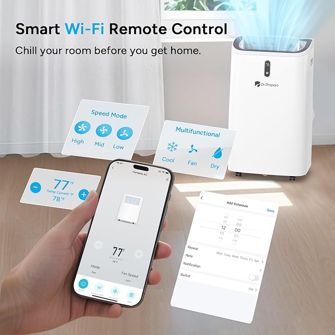 DR.PREPARE 14,000 BTU Portable Air Conditioner with WiFi, 4-in-1 Portable AC Unit with Remote Control, Fast Cooling, 24H Timers, Window kit, Cools Up to 700 sq. ft for Rooms, Bedroom