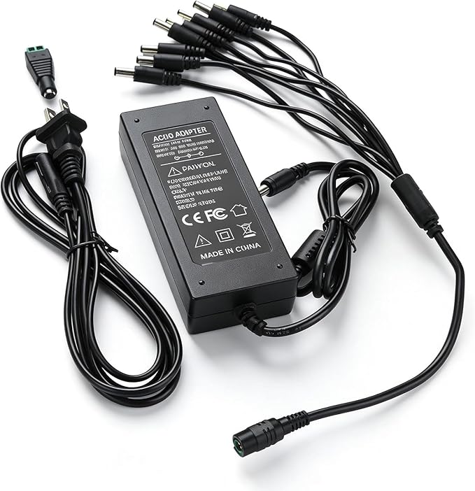 12V 10A Power Supply 120W AC DC Adapter Charger 5.5x2.5mm for CCTV Cameras, LED Strip Light, LED Tape Light, Keyboard, BT Speakers, GPS, Webcam, Router, and More 12V Electronics + 8 Way Splits Cable
