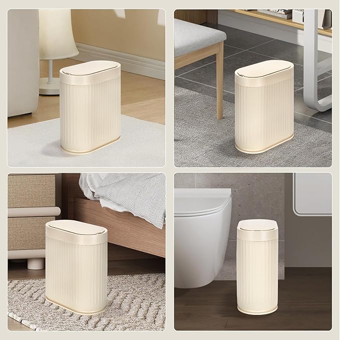 ELPHECO Bathroom Trash Can 2 Gallon Plastic Smart Garbage Can Waterproof Wastebasket Bathroom Decor Narrow Garbage Bin with Automatic lid for Bedroom, Kitchen (Beige)
