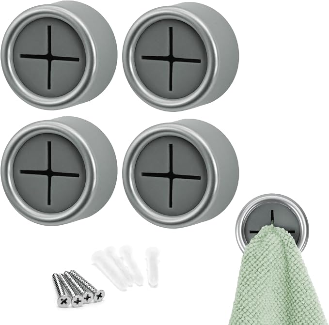 S&T INC. Adhesive Push Towel Hooks, 4 Pack, Brushed Silver | 2 Installation Options, Round Hooks for Kitchen, Bathroom, Garage and Home Use, Organization Hooks, Strong Grip