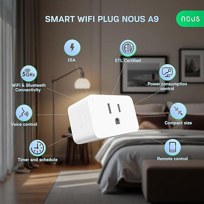 NOUS 5 GHz Wi-Fi Smart Plug 15A, Energy Monitoring, Compatible with Alexa, Google Home, Tuya Smart App, Remote Control, Timer, Compact Design, 1 Pack