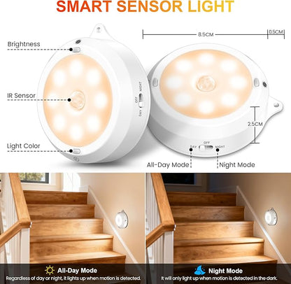 YiaMia Motion Sensor Under Cabinet Lights - 6 Pack, Indoor Smart Sensor Night Light, 3 × AA Battery Operated Wireless Stair Light, Dimmable Puck Lights Suitable for Kitchens, Wardrobes, Hallway