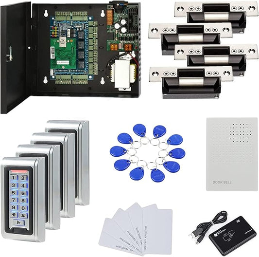 Waterproof Metal Keypad Reader Standard North American Strike Lock TCPIP 4 Doors Access Control Systems 110-240V Power Box +RFID Key Fob/Card