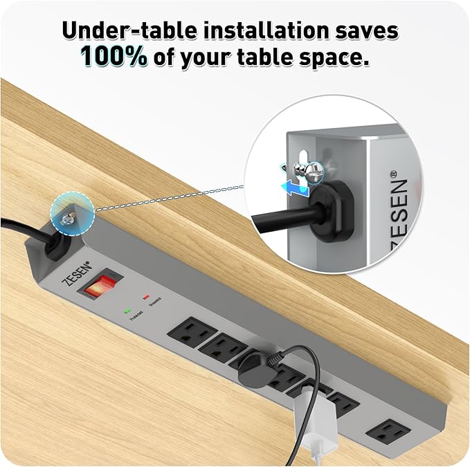 ZESEN 7 Outlet Metal Long Power Strip with Overload Protection & 1500J Surge Protection, 6ft Cord Wall Mounted Industrial Power Strip for Office Workshop Garage, ETL Listed(15A/1875W), Grey
