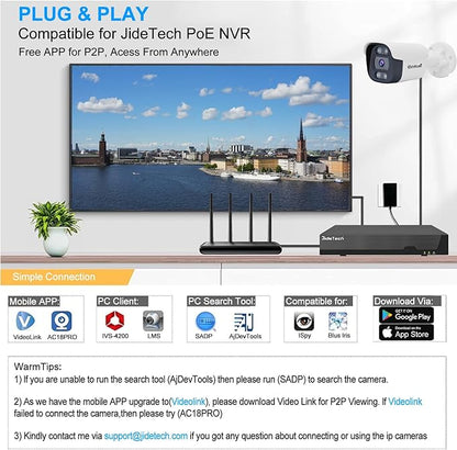 JideTech 4K 8MP PoE IP Bullet Security Camera Outdoor, 110° Wide Angle 2.8mm Lens, Human/Vehicle Motion Detection, 98ft IR, Full Color Night Vision,Two-Way Talk, Built-in Mic, Blue Irs, for Onvif NVR