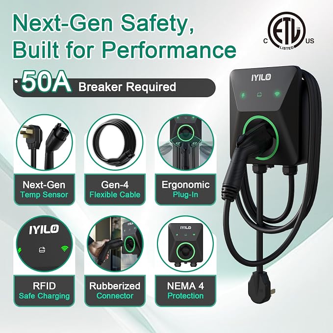 Level 2 EV Charger, 40Amp/9.6KW/240V, NEMA 14-50P, Wi-Fi(2.4 GHz)