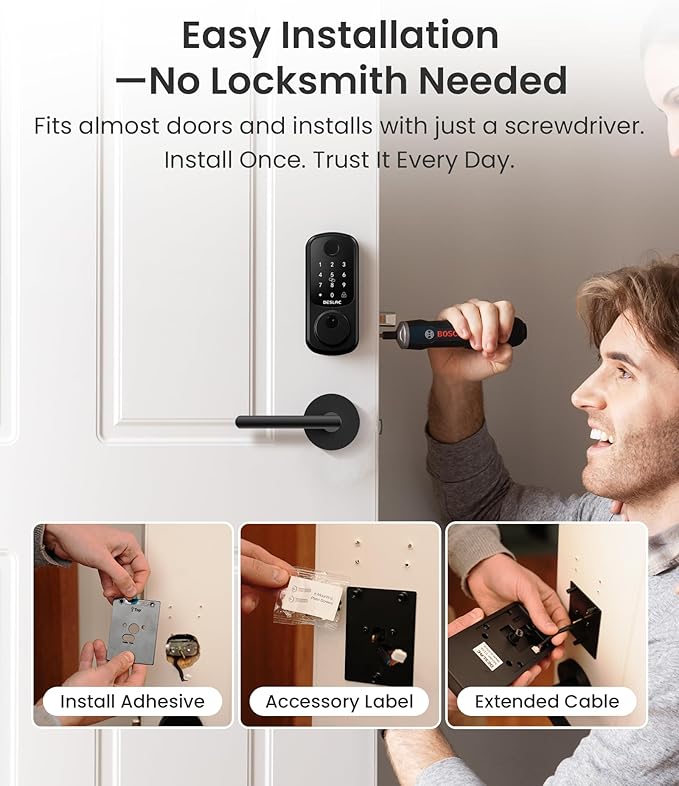 DESLOC B200 Fingerprint Smart Lock with 2 Lever Handles, Keyless Entry Front Door Lock Set, Electronic Keypad Deadbolt, App Control, Auto Lock, Long Battery Life,Matte Black