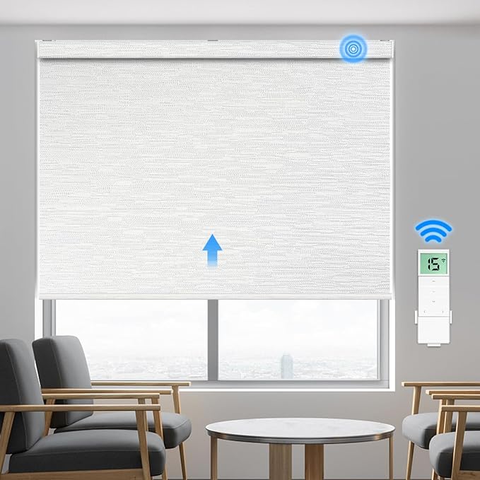Tokblind Motorized Blackout Roller Shade Fabric Covered Valance and Bottom Rod, Remote Control Electric Window Blind Compatible with Alexa Google via Hub, Custom Size (Texture White - Wrapped Fabric)