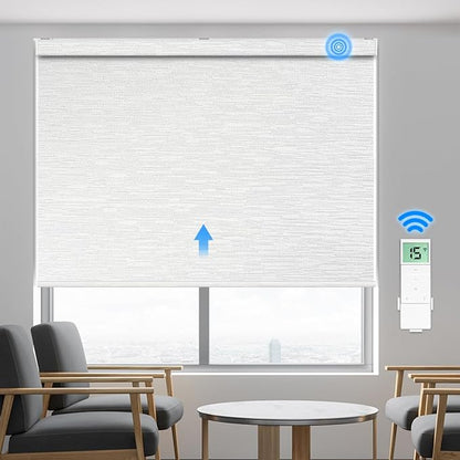 Tokblind Motorized Blackout Roller Shade Fabric Covered Valance and Bottom Rod, Remote Control Electric Window Blind Compatible with Alexa Google via Hub, Custom Size (Texture White - Wrapped Fabric)