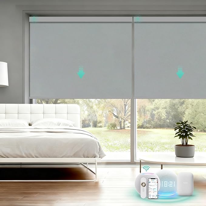 Motorized Blinds with Remote, Blackout Smart Automatic Electric Blinds for Windows Compatible with Alexa Homekit, Cordless Indoor Motorized Roller Shades with Custom Size（Silver Shade）