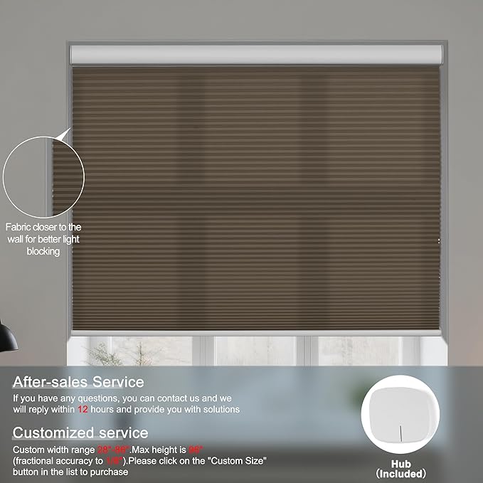 BERISSA Motorized Cellular Shades, Light Filtering Smart Honeycomb Blinds with Remote Control & Hub, Custom Room Darkening Automatic Cellular Window Blinds for Home Office, Living Room, Door,Brown