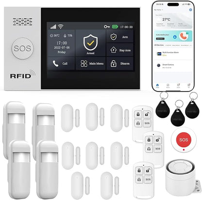 Home Security Systems Alarm System for Home Security GSM/4G+WiFi (21-Piece) | 4.3" Touch Screen | SOS | App Instant Alerts | Wireless Smart System | Work with Alexa | No Monthly Fee