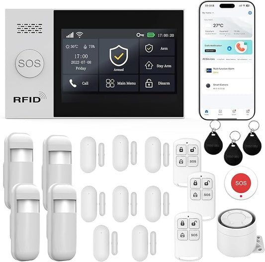 Home Security Systems Alarm System for Home Security GSM/4G+WiFi (21-Piece) | 4.3" Touch Screen | SOS | App Instant Alerts | Wireless Smart System | Work with Alexa | No Monthly Fee
