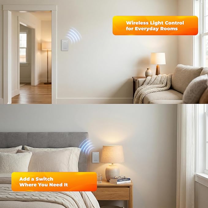 Wireless Remote Light Switch Kit, 2 Switches + 1 Receiver, Battery-Free Wireless Wall Switch, No New in-Wall Wiring, No Wi-Fi, for Stairs, Hallway, Bedroom