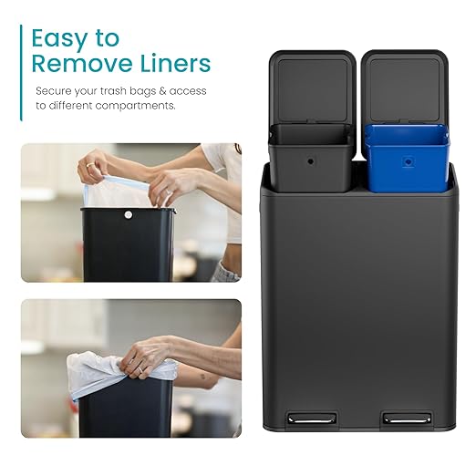 Home Zone Living 16 Gallon Kitchen Trash Can with Dual Compartments for Recycling, Stainless Steel, Matte Black, 60 Liters Total