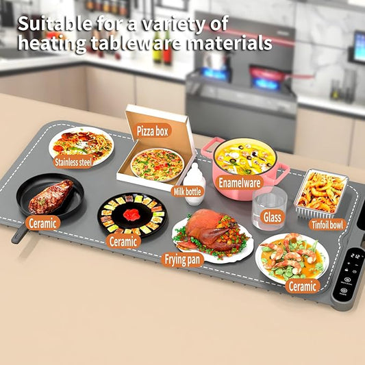 Electric Warming Tray&Food Warming MatFast Full Surface Electric Warming Tray with 7 Temp-Settings & 8H Timer, Portable Roll Up Food Warmer for Gatherings Parties Buffet -Oversized(Grey, 32''X15'')