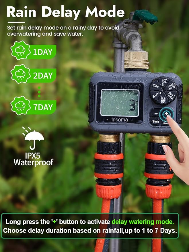 Insoma Water Timer 2 Zone, Programmable Irrigation Sprinkler Timer for Garden Hose, Outdoor Hose Faucet Timers with Rain Delay/Manual/Auto Modes, IPX5 Waterproof for Drip System & Lawn