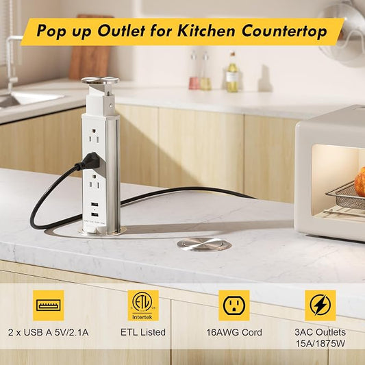 Pop Up Outlet for Countertop, Receptacle Power Strip with 3 AC Outlet 2 USB Ports, Pull Pop Up Power Socket Outlet, 2.5" Hole Recessed Outlet for Kitchen Counter Conference Desk Office, White