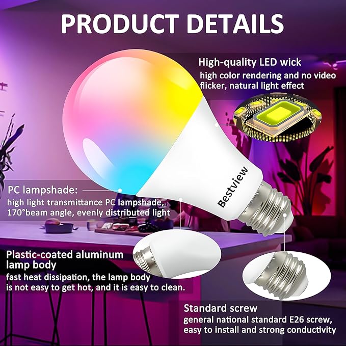 Bestview RGB Color Changing Light Bulbs with Remote Control, RGBW Warm White 5W E27 Screw Base,Mood Flood E26 Light Bulb-16 Color Choices for Home Party Bedroom (2 Pack)