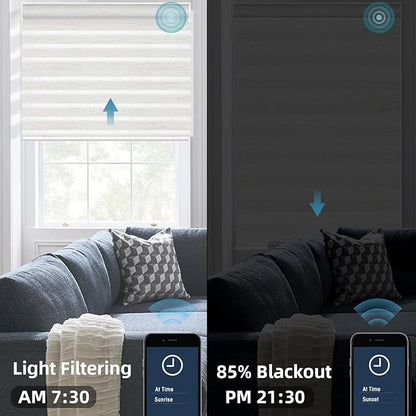 SmartWings Motorized Zebra Shades Work with HomeKit, Alexa, Google Home, 85% Blackout Light Filtering Day Night Sheer Blinds, Privacy Light Control, for Home/Office, Customized, Linen White