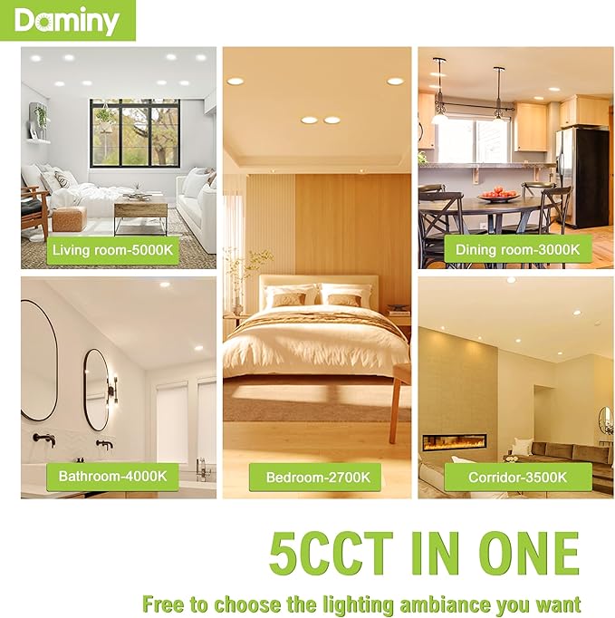 DAMINY 12 Pack 4 Inch 5CCT LED Recessed Light with Night Light,Ultra-Thin,Canless recessed Lighting 4 in,9W=80W,700LM,Dimmable Wafer Lights,ETL Certificated