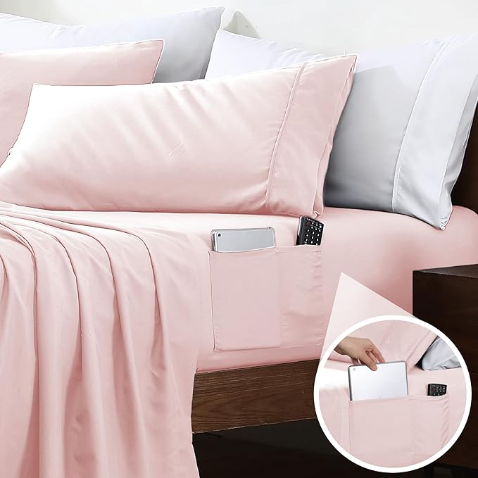 Swift Home Smart Sheets, Ultra Soft Brushed Microfiber 3-Piece Sheet Set, Fitted Bed Sheet with Side Storage Pockets – Blush, Twin