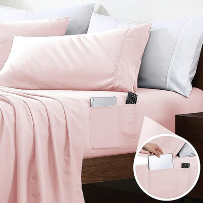 Swift Home Smart Sheets, Ultra Soft Brushed Microfiber 3-Piece Sheet Set, Fitted Bed Sheet with Side Storage Pockets – Blush, Twin