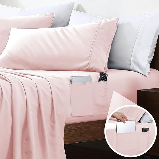 Swift Home Smart Sheets, Ultra Soft Brushed Microfiber 3-Piece Sheet Set, Fitted Bed Sheet with Side Storage Pockets – Blush, Twin
