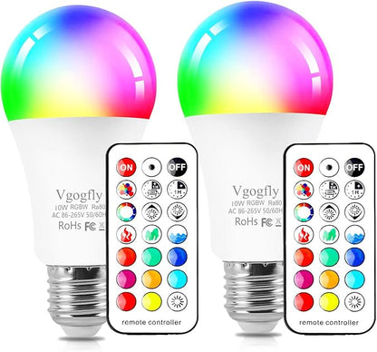 Vgogfly RGB Led Light Bulbs 10W Color Changing Light Bulb with Remote Control 5000k Daylight White (2 Pack) Remove Battery Separator Before Use