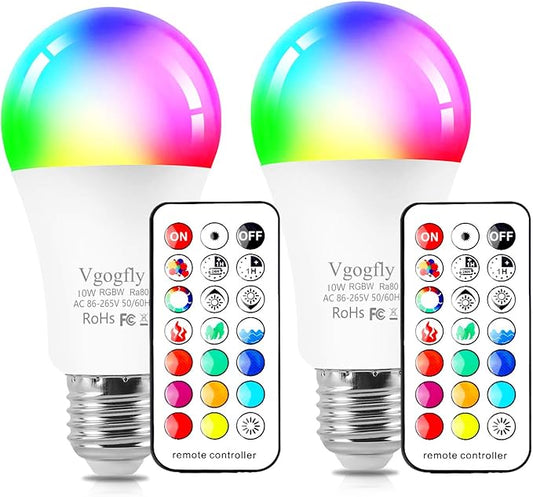 Vgogfly RGB Led Light Bulbs 10W Color Changing Light Bulb with Remote Control 5000k Daylight White (2 Pack) Remove Battery Separator Before Use