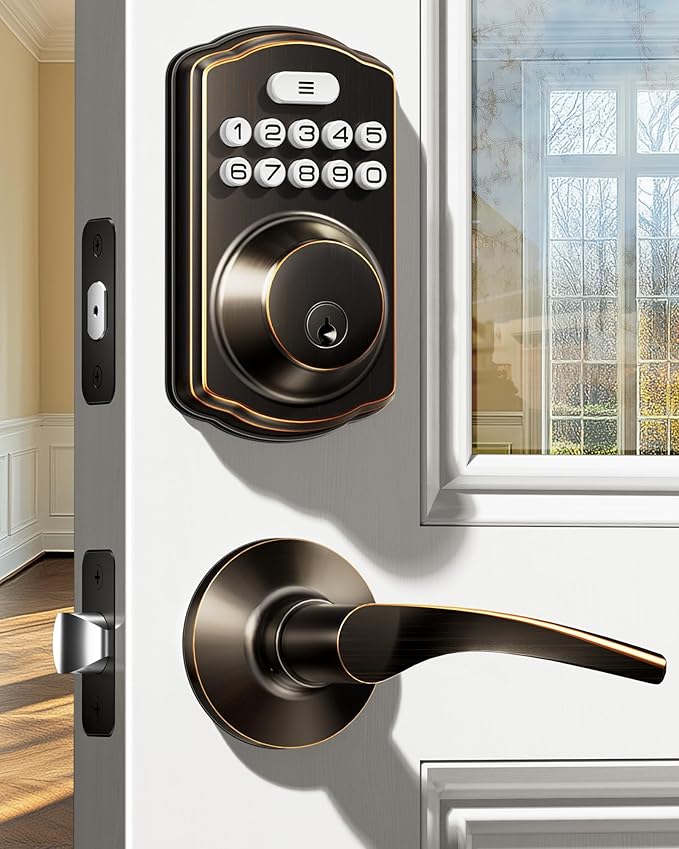 Veise Keyless Entry Door Lock with 2 Lever Handles - Electronic Keypad Deadbolt, Easy Installation Digital Smart Front Door Lock Set, Oil Rubbed Bronze