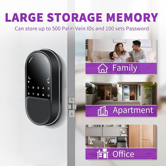 Venotech Palm Vein Smart Lock, 2-in-1 Doorbell Keyless Entry Door Lock with Code Passcode, IP55 Waterproof, Auto Lock, Upgraded Rechargeable Battery, Front Door Smart Lock for Home, Office,