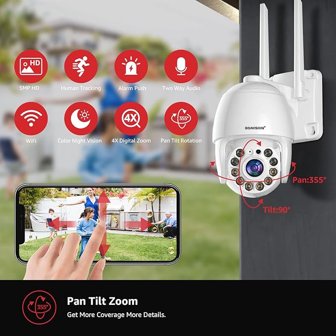 BOAVISION 5MP Security Camera Outdoor, Wireless WiFi IP Camera Home Security System 360° View,Motion Detection, auto Tracking,Two Way Talk,pan Tile Full Color Night Vision,5G/2.4G WiFi