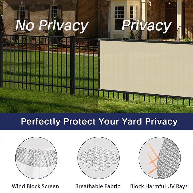 Windscreen4less Privacy Fence Screen Heavy Duty Windscreen Fencing Mesh Fabric Shade Net Cover with Brass Grommtes for Outdoor Wall Garden Yard Pool Deck, 6'x152' Beige
