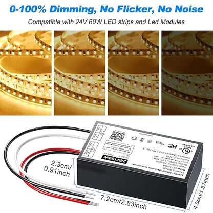 60W Dimmable LED Driver 24V,Triac ELV/MLV LED Transformer Compatible with Lutron&Leviton Switches,Dimmable Led Power Supply for Indoor/Outdoor LED Lights,UL&FCC-Listed