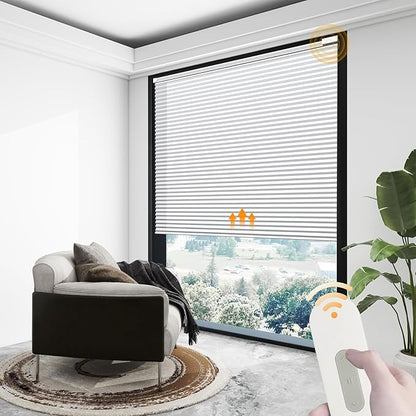 Motorized Cellular Shades Cordless Light Filtering Rechargeable Window Curtains with Remote for Privacy Protection Smart Home Electric Automatic Honeycomb Blinds for Windows, 34" x 48", White