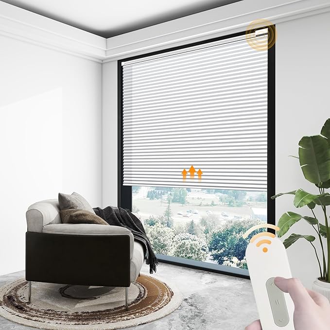 Motorized Cellular Shades Cordless Light Filtering Rechargeable Window Curtains with Remote for Privacy Protection Smart Home Electric Automatic Honeycomb Blinds for Windows, 35" x 48", White