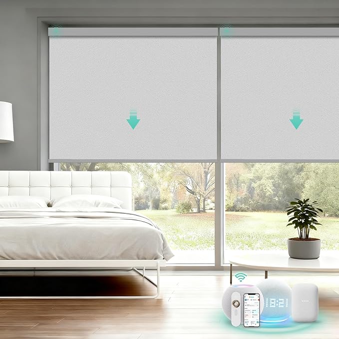 Motorized Blinds with Remote, Blackout Smart Automatic Electric Blinds for Windows Compatible with Alexa Homekit, Cordless Indoor Motorized Roller Shades with Custom Size（Sliver Twilight）