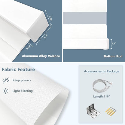 Motorized Zebra Blinds for Windows Cordless Electric Curtains with Remote Control Blackout Shades Custom Smart Blinds Compatible with Alexa Google Home(Light Filtering White,W55 X 72in)