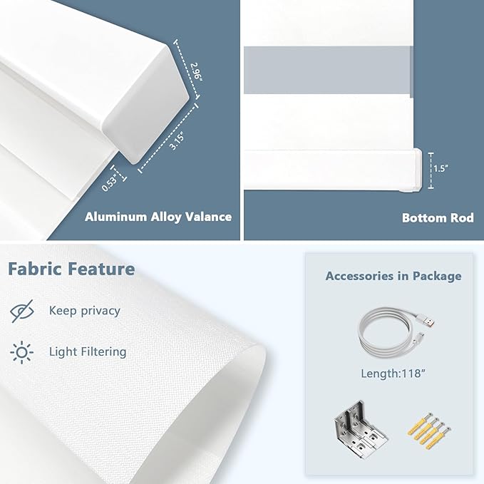 Motorized Zebra Blinds for Windows Cordless Electric Curtains with Remote Control Blackout Shades Custom Smart Blinds Compatible with Alexa Google Home(Light Filtering White,W53 X 72in)